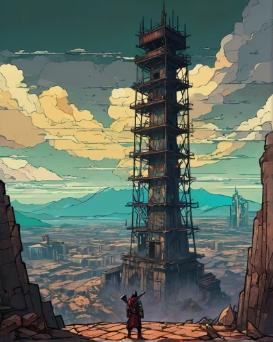 post-apocalyptic landscape,ancient city,wasteland,ruins,cellular tower,beacon,tower of babel,towers,futuristic landscape,spire,ruin,obelisk,monolith,landmark,pillars,sentinel,watchtower,steel tower,tower,wanderer,Unique,Paper Cuts,Paper Cuts 08
