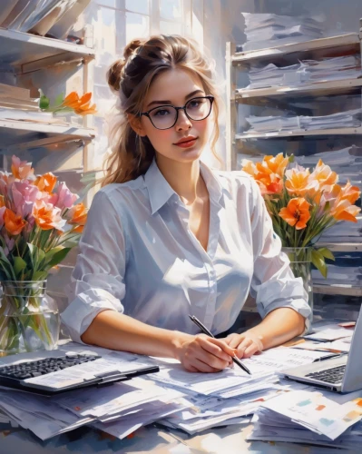 blonde woman reading a newspaper,girl at the computer,girl studying,office worker,secretary,librarian,artist portrait,italian painter,meticulous painting,bookkeeper,author,reading glasses,paperwork,oil painting,receptionist,girl in flowers,woman thinking,art painting,in a working environment,woman sitting,Conceptual Art,Oil color,Oil Color 03