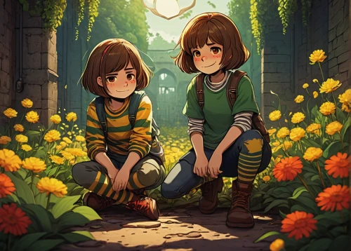 chara,dandelion hall,girl and boy outdoor,chrysanths,little boy and girl,dandelions,flower shop,yellow daisies,daisies,yellow garden,twin flowers,sun daisies,flower stand,picking flowers,falling flowers,fireflies,flower booth,sunflowers,flower box,chrysanthemums,Illustration,Vector,Vector 15