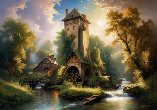 fairy chimney,water mill,fantasy landscape,old mill,fantasy picture,fairy tale castle,witch's house,dutch mill,fairytale castle,fairy house,house in the forest,old windmill,fantasy art,church painting,mill,fairy village,water tower,clock tower,world digital painting,wooden church,Conceptual Art,Fantasy,Fantasy 05