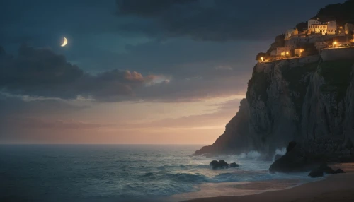 cliffs ocean,cliff top,house of the sea,cliff coast,the night of kupala,kings landing,fantasy landscape,the cliffs,beach house,overlook,fantasy picture,digital compositing,castel,the bluff,cliff beach,castle of the corvin,moonlight,cliffs,cliff,ocean view,Photography,General,Cinematic
