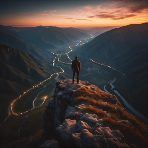road of the impossible,mountain sunrise,the spirit of the mountains,alpine crossing,the wanderer,wanderer,road to nowhere,trolltunga,world digital painting,mountain guide,tightrope,mountain highway,valley of death,games of light,photomanipulation,digital compositing,chasm,landscape background,winding road,guards of the canyon