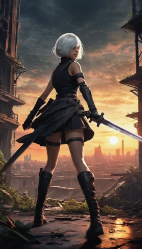 a200,swordswoman,tiber riven,dusk background,scythe,female warrior,witcher,assassin,game art,game illustration,lone warrior,meteora,katana,huntress,massively multiplayer online role-playing game,longbow,quarterstaff,joan of arc,world digital painting,cg artwork,Illustration,American Style,American Style 08