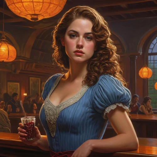 barmaid,pub,bartender,poker primrose,romantic portrait,woman at cafe,fantasy portrait,victorian lady,emile vernon,woman drinking coffee,queen anne,maraschino,queen of hearts,unique bar,girl in a historic way,young woman,a charming woman,lady of the night,irish pub,man in red dress,Illustration,Realistic Fantasy,Realistic Fantasy 27