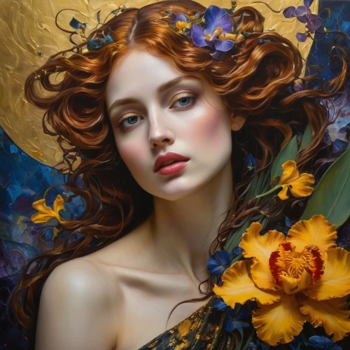 golden flowers,girl in flowers,splendor of flowers,fantasy portrait,faery,fantasy art,flower gold,marigold,orange blossom,romantic portrait,gold yellow rose,mystical portrait of a girl,yellow rose,golden lilac,flower painting,flora,beautiful girl with flowers,gold flower,the garden marigold,yellow petals,Illustration,Realistic Fantasy,Realistic Fantasy 30