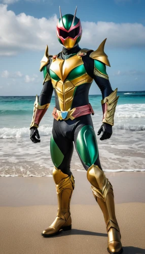sea man,divemaster,beach defence,sea devil,sea god,mazda ryuga,aquaman,cosplay image,butomus,golden sands,dry suit,aquanaut,coral guardian,cosplayer,god of the sea,armor,alm,emerald sea,beach background,wetsuit,Photography,General,Realistic