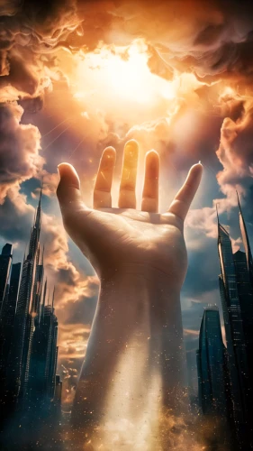 photo manipulation,digital compositing,arms outstretched,praying hands,photoshop manipulation,hand digital painting,image manipulation,photomanipulation,raised hands,firmament,reach,regeneration,giant hands,raise,reach out,hands up,rise,lord who rings,god of thunder,fantasy picture