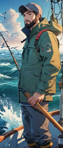 fishing gear,version john the fisherman,fishing cutter,monopod fisherman,seafarer,fishing equipment,fishing,fishing classes,fisherman,big-game fishing,surf fishing,seafaring,casting (fishing),types of fishing,fishing rod,commercial fishing,at sea,fishing trawler,skipper,sea scouts,Illustration,Japanese style,Japanese Style 03