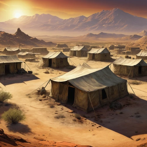 human settlement,tent camp,tents,bedouin,huts,libyan desert,tourist camp,gobi desert,namib rand,desert desert landscape,nomads,desert landscape,yurts,the gobi desert,nomadic people,desert background,merzouga,namib,accommodation,wadirum,Illustration,Realistic Fantasy,Realistic Fantasy 33