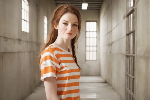 striped background,horizontal stripes,prisoner,clary,girl in t-shirt,orange,prison,redhead doll,long-sleeved t-shirt,maci,liberty cotton,orange color,isolated t-shirt,girl in a long,portrait background,stripes,bright orange,lori,abbey,realdoll