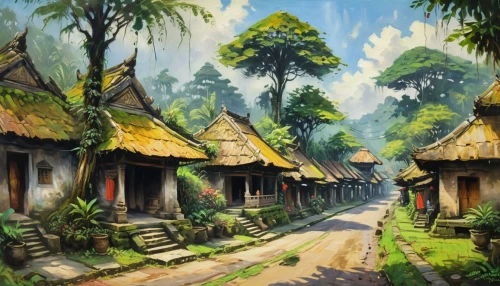 vietnam,wooden houses,traditional village,villages,village scene,mountain village,village life,bali,ancient city,hanoi,vietnam's,mud village,landscape background,vietnam vnd,home landscape,huts,rural landscape,maya city,southeast asia,indonesia,Art,Artistic Painting,Artistic Painting 04