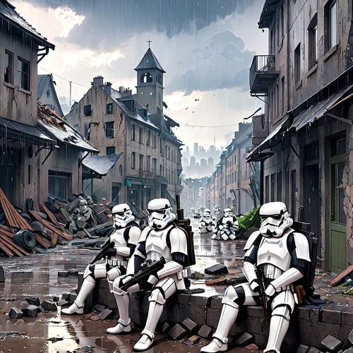 storm troops,stormtrooper,droids,starwars,star wars,overtone empire,imperial,cg artwork,sci fiction illustration,post apocalyptic,digital compositing,sci fi,silver rain,republic,destroyed city,patrols,post-apocalypse,empire,troop,clone jesionolistny,Anime,Anime,Realistic