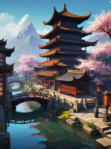 japanese sakura background,sakura background,asian architecture,japanese background,spring festival,japan landscape,oriental,chinese background,chinese temple,the cherry blossoms,chinese architecture,tsukemono,world digital painting,ancient city,japanese architecture,fantasy landscape,yunnan,landscape background,kyoto,japanese shrine,Illustration,Paper based,Paper Based 06