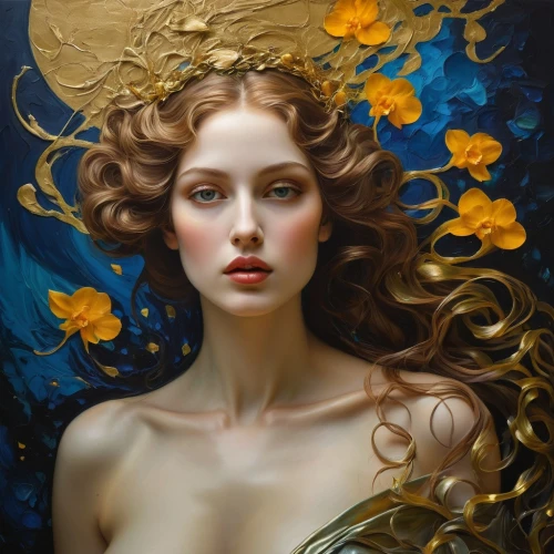 golden flowers,gold filigree,golden wreath,gold yellow rose,golden crown,gold leaf,gold foil mermaid,gold flower,fantasy portrait,fantasy art,faery,mystical portrait of a girl,dryad,yellow rose,yellow petals,faerie,golden apple,golden lilac,flower gold,golden haired,Illustration,Realistic Fantasy,Realistic Fantasy 30