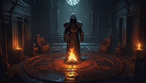 the eternal flame,candlemaker,hall of the fallen,sepulchre,black candle,portal,the throne,dark cabinetry,golden candlestick,chamber,light bearer,ceremonial,sorceress,priestess,occult,pantheon,chess piece,orange robes,crypt,cauldron,Conceptual Art,Fantasy,Fantasy 18