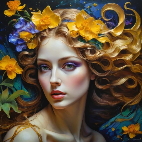 girl in flowers,mystical portrait of a girl,girl in a wreath,faery,fantasy portrait,golden lilac,faerie,beautiful girl with flowers,kahila garland-lily,golden flowers,flower fairy,flora,fantasy art,oil painting on canvas,wreath of flowers,dryad,yellow petals,golden wreath,flower girl,oil painting,Illustration,Realistic Fantasy,Realistic Fantasy 30