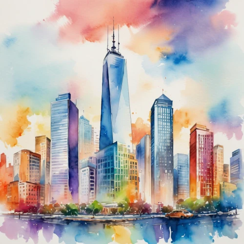 freedom tower,watercolor,one world trade center,1wtc,1 wtc,world trade center,watercolor painting,watercolor background,big apple,watercolor paint,colorful city,watercolor sketch,skyline,watercolor paint strokes,watercolor pencils,world digital painting,tall buildings,pudong,watercolors,new york skyline,Illustration,Paper based,Paper Based 25