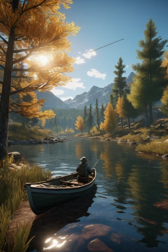 autumn idyll,casting (fishing),witcher,canoeing,autumn camper,fishing camping,boat landscape,fishing,autumn sun,golden autumn,autumn light,lakeside,autumn scenery,canoes,autumn sunshine,autumn theme,idyllic,big-game fishing,fishing float,idyll,Art,Artistic Painting,Artistic Painting 03