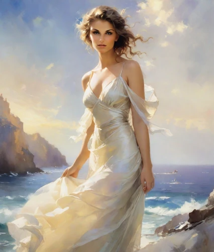 romantic portrait,girl in a long dress,the sea maid,celtic woman,aphrodite,fantasy art,aphrodite's rock,girl in white dress,fantasy picture,the wind from the sea,fantasy portrait,sea breeze,world digital painting,sun and sea,sea landscape,full hd wallpaper,girl on the river,a charming woman,sun bride,portrait background,Photography,Realistic