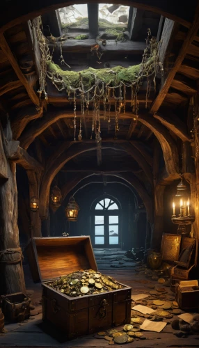 apothecary,attic,treasure chest,collected game assets,dandelion hall,hobbiton,vault,tavern,treasure house,merchant,concept art,cellar,pirate treasure,abandoned room,chamber,wooden beams,witch's house,mountain settlement,fireplace,wine cellar,Conceptual Art,Oil color,Oil Color 18