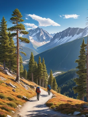 mountain scene,alpine crossing,salt meadow landscape,landscape background,mountain landscape,alpine route,autumn mountains,hikers,hiking path,mountain hiking,mountainous landscape,mountain road,alpine region,world digital painting,mountain pass,alpine drive,mountains,alpine meadows,landscape mountains alps,coniferous forest,Illustration,Paper based,Paper Based 26
