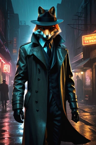 fox in the rain,detective,fox,mafia,overcoat,spy,cyberpunk,a fox,alley cat,robber,investigator,inspector,secret agent,crime,rorschach,masquerade,spy visual,fawkes,blind alley,furta,Illustration,Realistic Fantasy,Realistic Fantasy 03