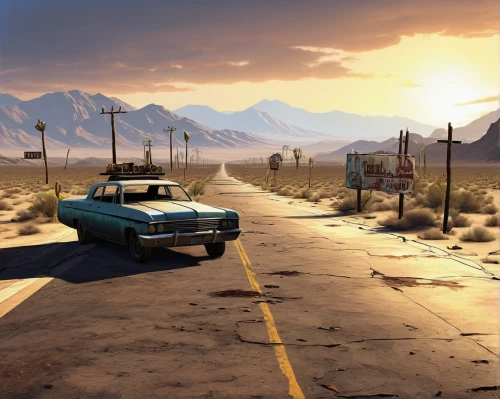route 66,route66,bonneville,street canyon,the road,alpine drive,road forgotten,wasteland,open road,vanishing point,desert run,dirt road,croft,mountain road,long road,barstow,mountain highway,mojave,highway,ford maverick,Conceptual Art,Sci-Fi,Sci-Fi 15
