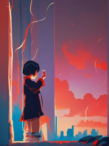 lonely child,longing,loneliness,wanderer,exploration,melancholy,city lights,falling stars,atmosphere,to be alone,dusk,dream world,wander,dusk background,cityscape,panoramical,evening atmosphere,little girl in wind,transistor,traveler,Conceptual Art,Fantasy,Fantasy 19