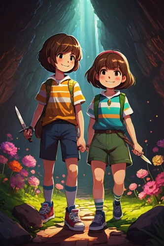 pines,adventure game,kids illustration,forest walk,little boy and girl,hold hands,chara,stick children,forest workers,girl and boy outdoor,river pines,hikers,stick kids,holding hands,exploration,magical adventure,action-adventure game,boy and girl,game illustration,children's background,Art,Classical Oil Painting,Classical Oil Painting 26