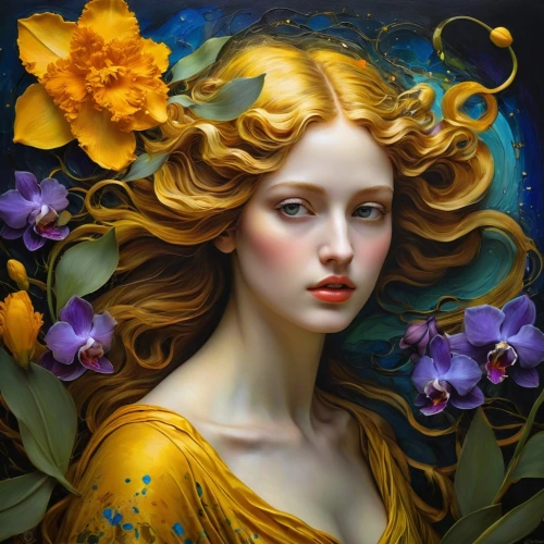 faery,faerie,golden flowers,mystical portrait of a girl,golden lilac,fantasy portrait,fantasy art,dryad,fairy queen,secret garden of venus,golden wreath,yellow petals,golden passion flower butterfly,flower fairy,gold filigree,yellow rose,flora,blue moon rose,golden crown,cupido (butterfly),Illustration,Realistic Fantasy,Realistic Fantasy 30