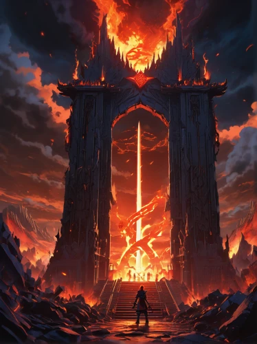 pillar of fire,door to hell,burning earth,hall of the fallen,portal,burning torch,heaven gate,fire background,iron gate,scorched earth,ring of fire,the end of the world,end-of-admoria,city in flames,lake of fire,the ruins of the,conflagration,the conflagration,victory gate,apocalyptic,Illustration,Japanese style,Japanese Style 03