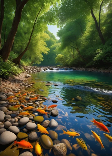 river landscape,mountain stream,flowing creek,clear stream,underwater landscape,colorful water,a river,forest fish,mountain river,fishes,river of life project,freshwater,mountain spring,streams,river cooter,freshwater fish,the river's fish and,jordan river,nature landscape,brook landscape,Illustration,Realistic Fantasy,Realistic Fantasy 27