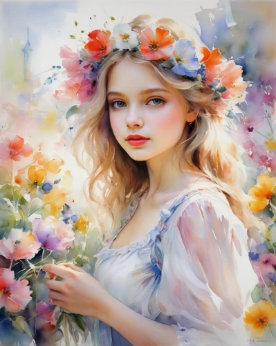 girl in flowers,flower painting,beautiful girl with flowers,girl picking flowers,splendor of flowers,flower girl,flower fairy,flower art,art painting,mystical portrait of a girl,floral wreath,flower background,blooming wreath,wreath of flowers,girl in the garden,photo painting,girl in a wreath,watercolor floral background,oil painting on canvas,floral background,Illustration,Paper based,Paper Based 11