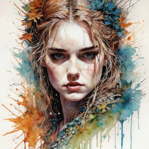 watercolor pencils,boho art,watercolor,fantasy portrait,mystical portrait of a girl,color pencils,watercolor paint,girl portrait,watercolor painting,colour pencils,watercolors,portrait of a girl,amano,water colors,illustrator,digital illustration,fantasy art,digital art,coloured pencils,splintered,Illustration,Paper based,Paper Based 13