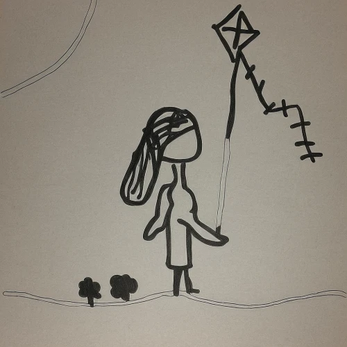 little girl in wind,stick figure,girl walking away,little girl with umbrella,tightrope walker,little girl with balloons,kite flyer,girl on the dune,wind direction,girl with tree,woman walking,girl with a wheel,girl picking flowers,girl with speech bubble,tightrope,dowsing,hiker,bows and arrows,fly a kite,girl in a long,Illustration,Black and White,Black and White 30