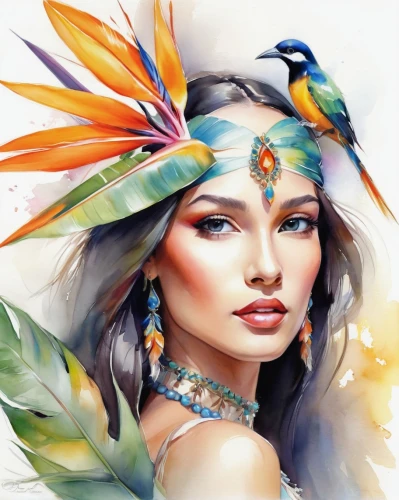 feather headdress,indian headdress,headdress,feather jewelry,boho art,native american,pocahontas,cherokee,american indian,fantasy art,watercolor women accessory,bird of paradise,exotic bird,native,shamanic,color feathers,tiger lily,shamanism,warrior woman,adornments,Illustration,Paper based,Paper Based 11