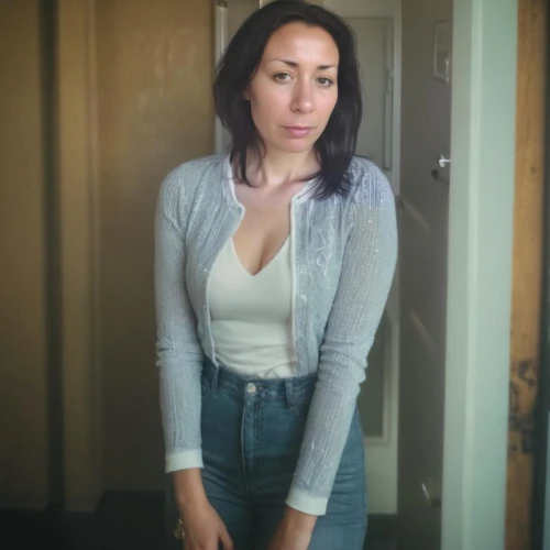 in a shirt,white shirt,cardigan,stressed woman,pencil skirt,retro woman,depressed woman,cotton top,moody portrait,insta,melissa,sarah,brunette,sad woman,in the door,silphie,veronica,retro girl,17-50,jean jacket