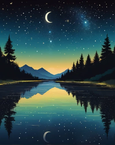 moon and star background,landscape background,background vector,night scene,starry night,moonlit night,evening lake,night stars,clear night,night sky,the night sky,starry sky,stars and moon,digital background,nightscape,moon night,world digital painting,nightsky,river landscape,celestial bodies,Illustration,Realistic Fantasy,Realistic Fantasy 23
