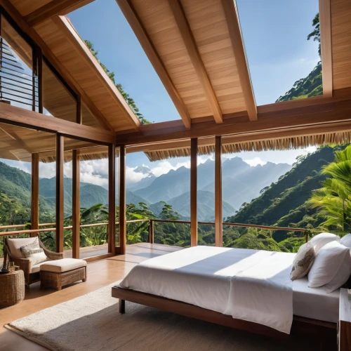 chalet,house in the mountains,house in mountains,eco hotel,roof landscape,the cabin in the mountains,tropical house,beautiful home,holiday villa,costa rica,crib,wooden roof,luxury property,bamboo curtain,tree house hotel,tigers nest,cabana,canopy bed,timber house,luxury home interior,Photography,General,Realistic