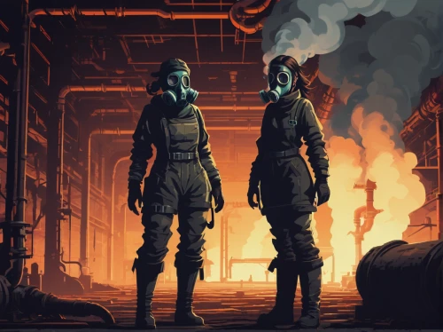 refinery,sci fiction illustration,post apocalyptic,factories,fallout,guards of the canyon,fallout4,chemical plant,game illustration,game art,wasteland,firefighters,angels of the apocalypse,workers,dystopian,lost in war,monks,storm troops,nuns,concept art,Unique,Pixel,Pixel 01