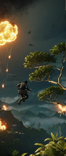 firethorn,hunting scene,burning tree trunk,fire background,flying seeds,burning earth,dusk background,krafla volcano,scorched earth,background screen,flying sparks,forest fire,floating islands,an island far away landscape,background image,screenshot,volcanic field,witcher,airships,dragon fire,Illustration,Realistic Fantasy,Realistic Fantasy 26