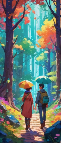 autumn walk,forest walk,umbrellas,walking in the rain,stroll,travelers,forest path,hikers,autumn forest,autumn background,autumn day,autumn theme,japanese umbrellas,in the autumn,the autumn,autumn scenery,autumn landscape,one autumn afternoon,studio ghibli,autumn morning,Conceptual Art,Daily,Daily 31