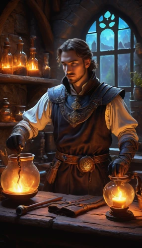 candlemaker,tinsmith,apothecary,blacksmith,merchant,silversmith,watchmaker,metalsmith,dwarf cookin,clockmaker,vendor,winemaker,scholar,massively multiplayer online role-playing game,rotglühender poker,candlemas,medieval,tavern,game illustration,bard,Illustration,American Style,American Style 01