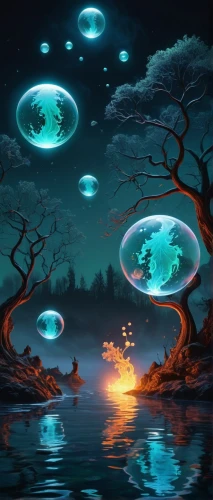 ufos,ufo,mushroom landscape,fantasy picture,fantasy landscape,alien world,bioluminescence,acid lake,ufo intercept,alien planet,underwater landscape,sci fiction illustration,spheres,fantasy art,planet alien sky,flying seeds,ufo interior,orbs,floating islands,world digital painting,Illustration,Realistic Fantasy,Realistic Fantasy 42