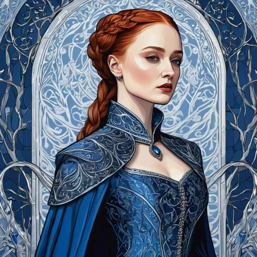 the snow queen,winterblueher,suit of the snow maiden,blue enchantress,merida,white rose snow queen,celtic queen,elsa,ice queen,fantasy portrait,blue rose,cinderella,blue moon rose,elizabeth i,sapphire,queen anne,blue snowflake,lady of the night,winter rose,fairy tale character,Illustration,Realistic Fantasy,Realistic Fantasy 45