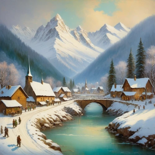 winter village,winter landscape,christmas landscape,mountain village,alpine village,snow landscape,snowy landscape,snow scene,winter background,mountain settlement,fantasy landscape,landscape background,fantasy picture,aurora village,mountain scene,world digital painting,escher village,snow bridge,mountain landscape,art painting,Art,Classical Oil Painting,Classical Oil Painting 44