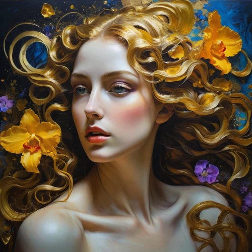 mystical portrait of a girl,golden flowers,girl in flowers,fantasy portrait,golden lilac,fantasy art,gold flower,oil painting on canvas,flower gold,golden haired,yellow petals,faery,dryad,mary-gold,oil painting,golden crown,gold yellow rose,flora,gold leaf,golden wreath,Illustration,Realistic Fantasy,Realistic Fantasy 30