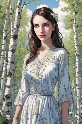 birch tree illustration,birch tree background,girl with tree,girl in a long dress,country dress,birch tree,sweet birch,birch forest,birch,birch trees,girl in the garden,fantasy portrait,jessamine,milkmaid,lilian gish - female,fairy tale character,a girl in a dress,the girl in nightie,jane austen,girl in flowers,Digital Art,Comic