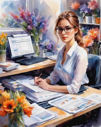 office worker,girl at the computer,secretary,receptionist,bussiness woman,girl studying,administrator,in a working environment,bookkeeper,place of work women,salesgirl,white-collar worker,office desk,flower painting,secretary desk,businesswoman,working space,accountant,night administrator,girl in flowers