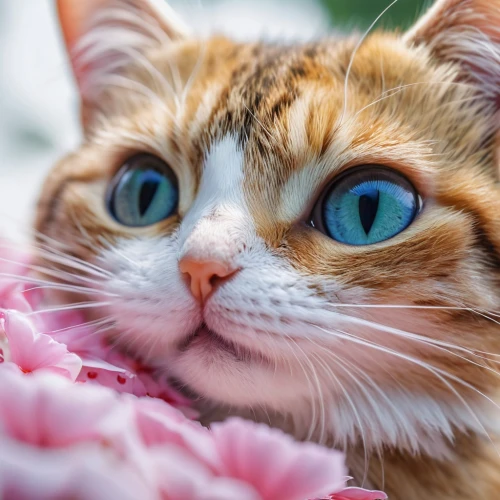 flower cat,cat with blue eyes,blue eyes cat,calico cat,cute cat,cat on a blue background,cat image,nose of cat,cat's eyes,blossom kitten,cat nose,flower animal,pink cat,cat kawaii,beautiful girl with flowers,cat,breed cat,calico,heterochromia,cat portrait,Photography,General,Natural